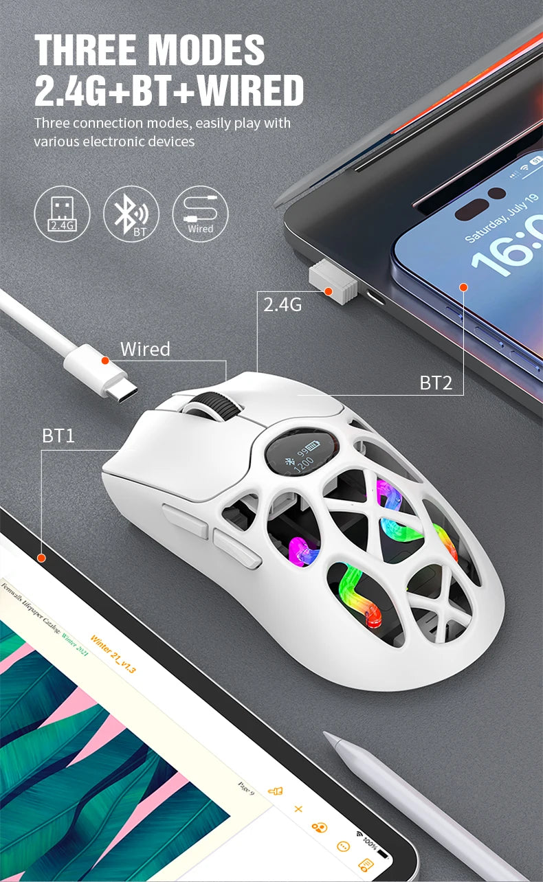 RaXUNFOX H16PRO Tri-Mode Wireless Gaming Mouse – 12000 DPI, Bluetooth, 2.4GHz & Wired RGB Gaming Mouse with 1KHz Polling Ratete, Rechargeable eSports Mouse