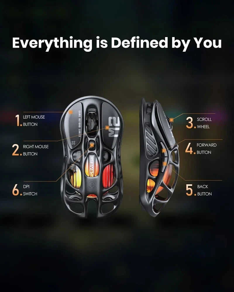 GravaStar M1/M2 Wireless Gaming Mouse – PAW3395 Sensor, 4K Polling, 26000 DPI, Magnesium Alloy Ultra-Light RGB Mouse