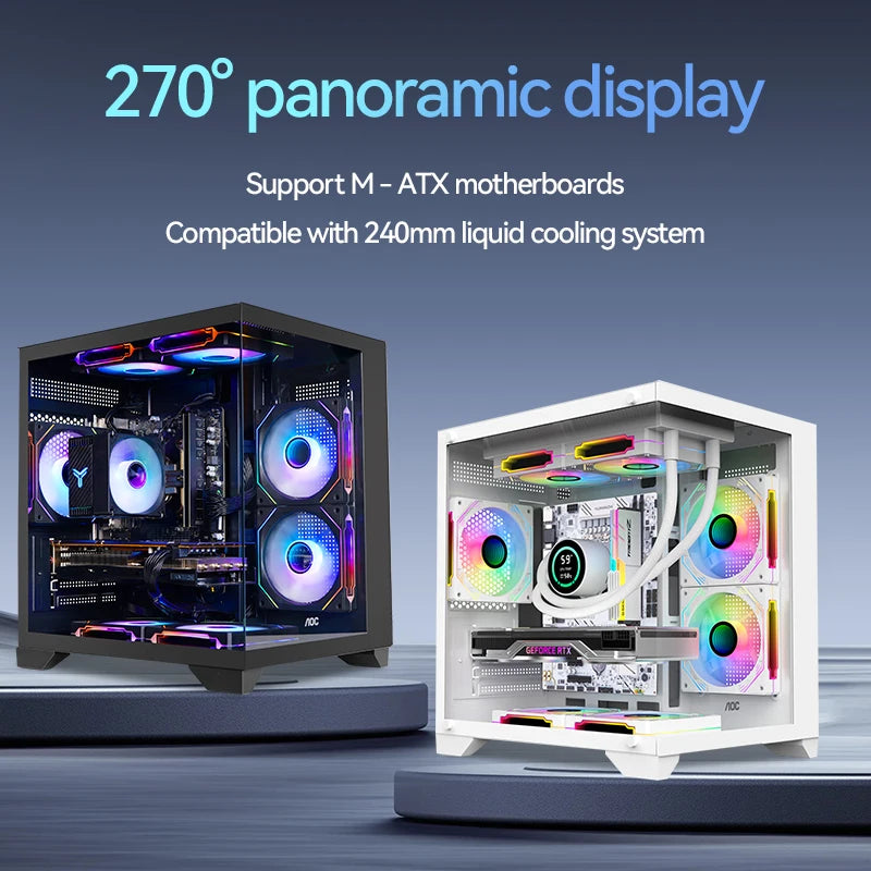 AOC CG391 MATX Gaming PC Case – Panoramic Sea View Tempered Glass Case with 3 RGB Fans & 240mm Liquid Cooling Support