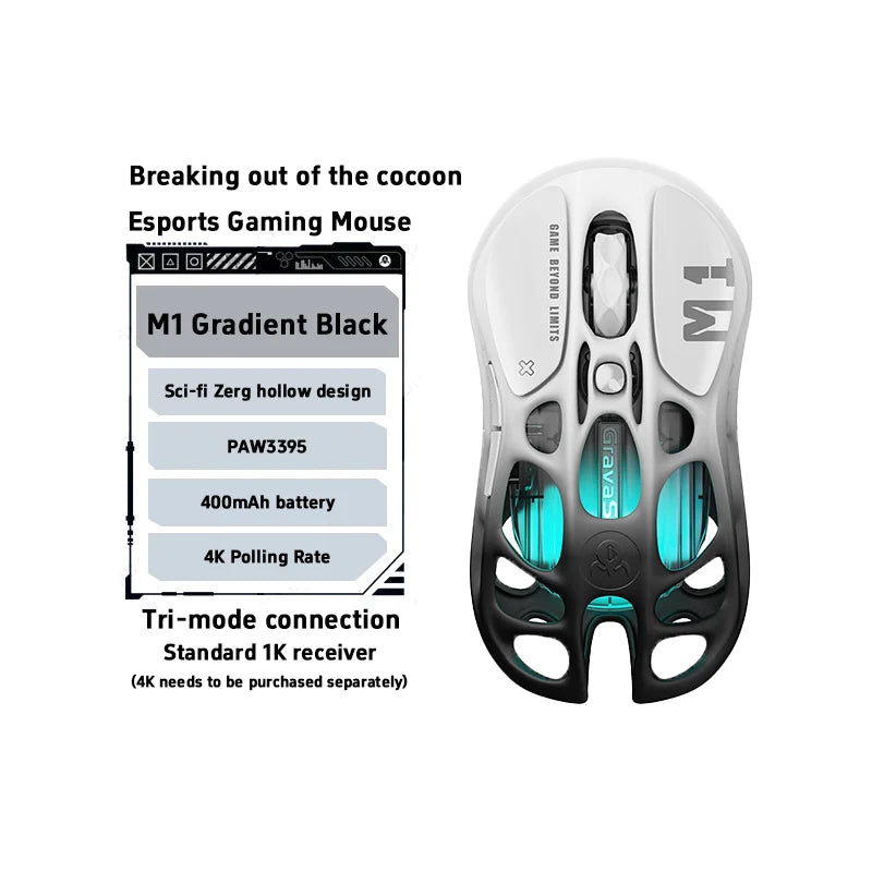GravaStar M1/M2 Wireless Gaming Mouse – PAW3395 Sensor, 4K Polling, 26000 DPI, Magnesium Alloy Ultra-Light RGB Mouse