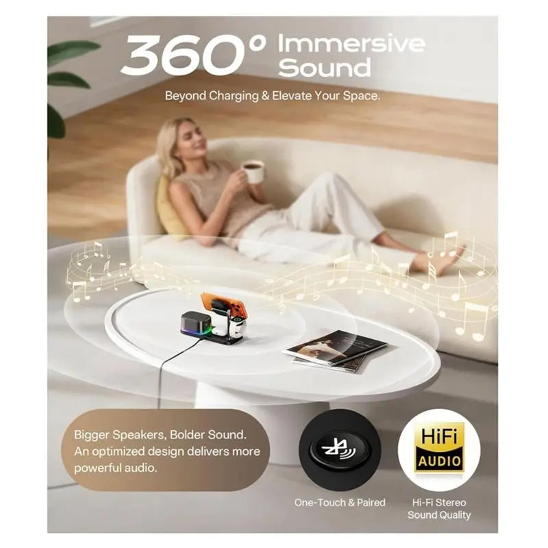 B63B-5 in 1 Wireless Charging Station with Bluetooth Speaker, Alarm Clock & Night Light – Fast Charging Stand for Smartphones