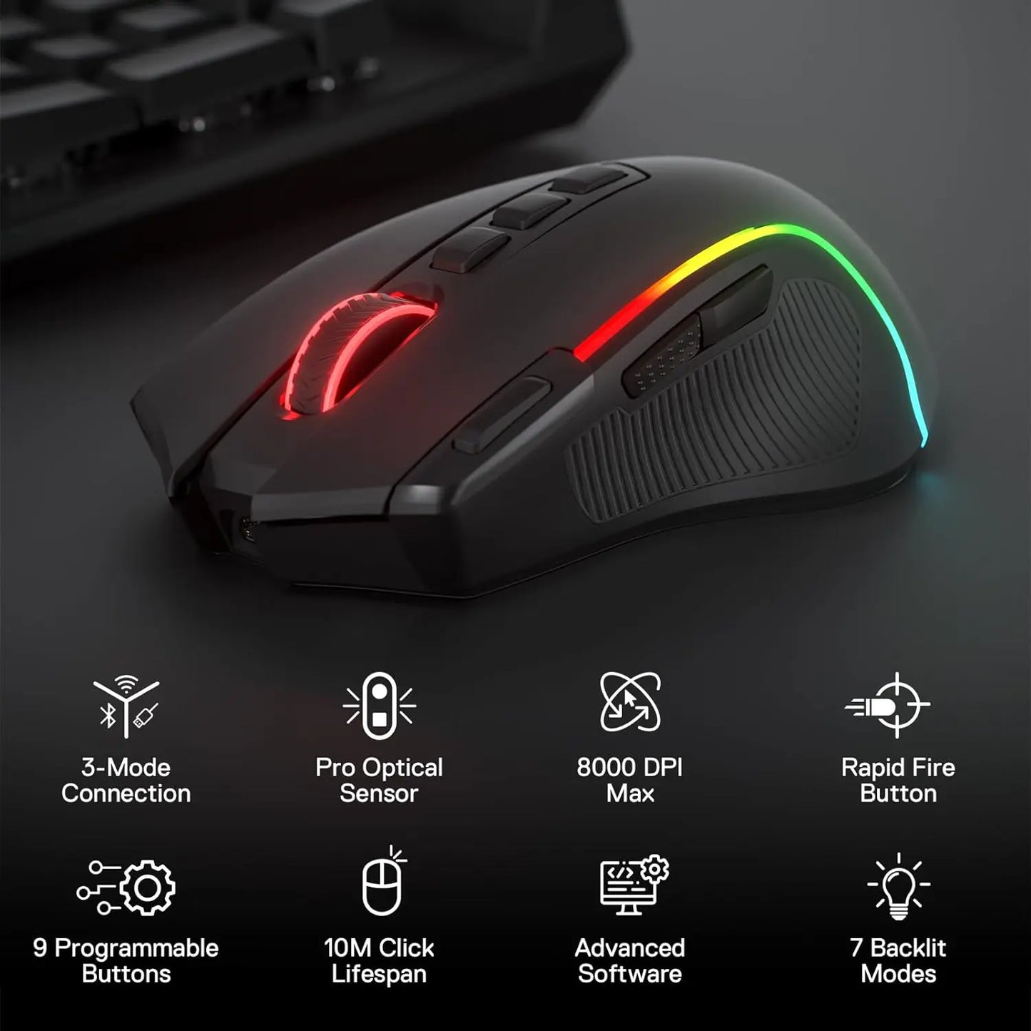 Redragon M612 PRO RGB Gaming Mouse – 8000 DPI, Wired & Wireless (Bluetooth + 2.4GHz), 11 Programmable Buttons, 6 Backlit Modes