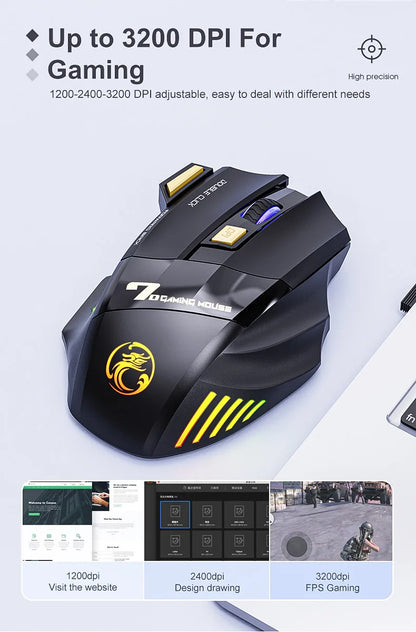 IMICE GW-X7 Wireless Gaming Mouse – Dual Mode 2.4G & Bluetooth, 3200 DPI, Rechargeable, 7-Button Silent Mouse with RGB Breathing LED
