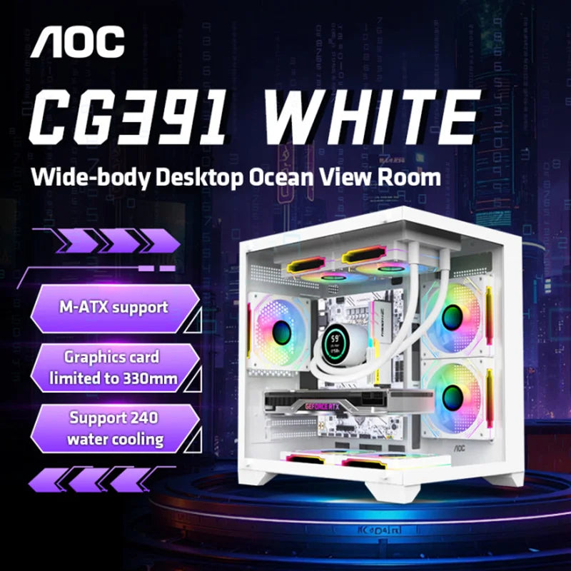 AOC CG391 MATX Gaming PC Case – Panoramic Sea View Tempered Glass Case with 3 RGB Fans & 240mm Liquid Cooling Support
