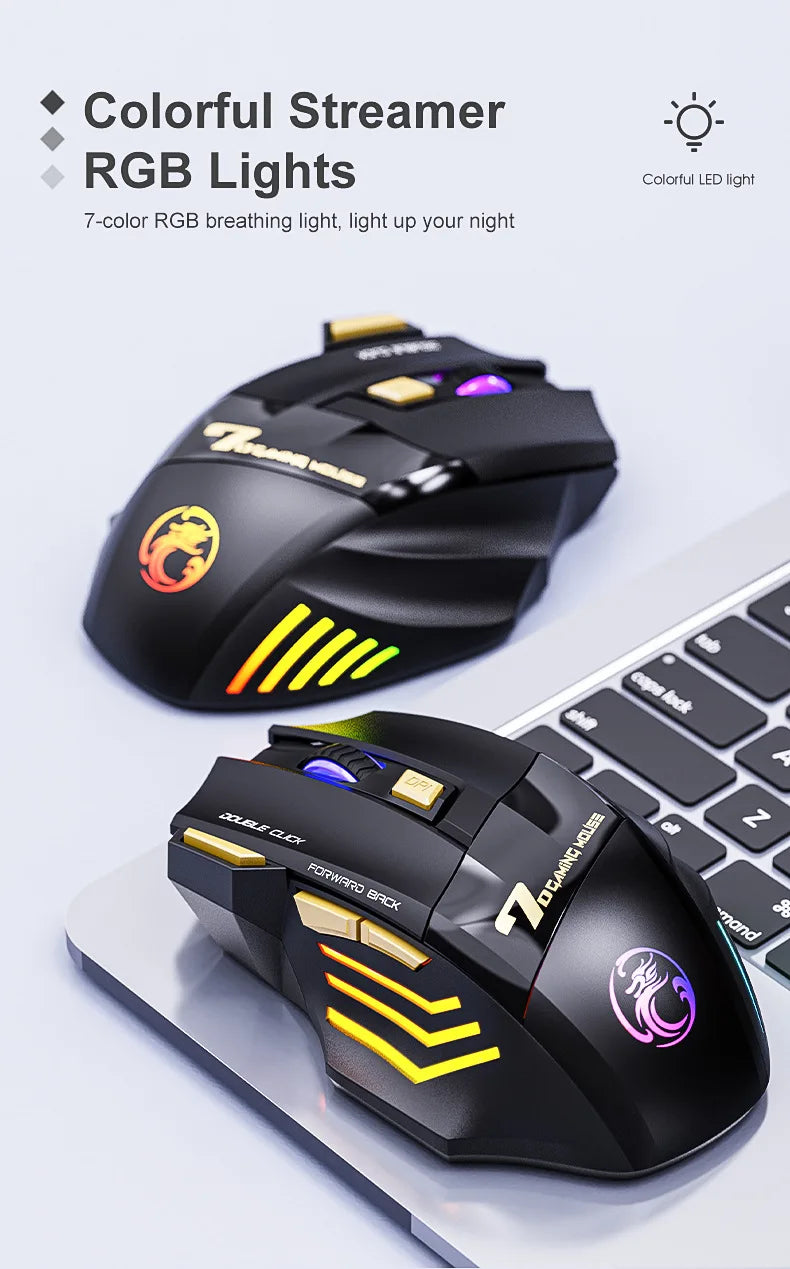 IMICE GW-X7 Wireless Gaming Mouse – Dual Mode 2.4G & Bluetooth, 3200 DPI, Rechargeable, 7-Button Silent Mouse with RGB Breathing LED