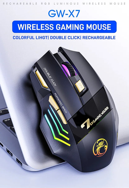 IMICE GW-X7 Wireless Gaming Mouse – Dual Mode 2.4G & Bluetooth, 3200 DPI, Rechargeable, 7-Button Silent Mouse with RGB Breathing LED