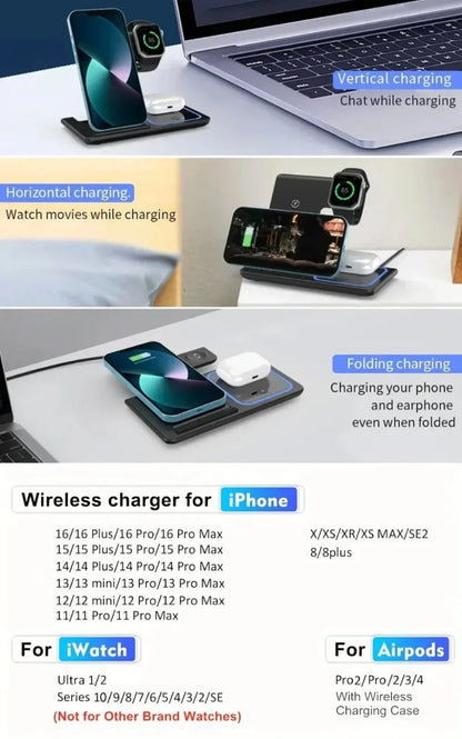 VIKEFON 3-in-1 Foldable Wireless Charging Station – Fast Charger Stand for iPhone, Apple Watch & AirPods