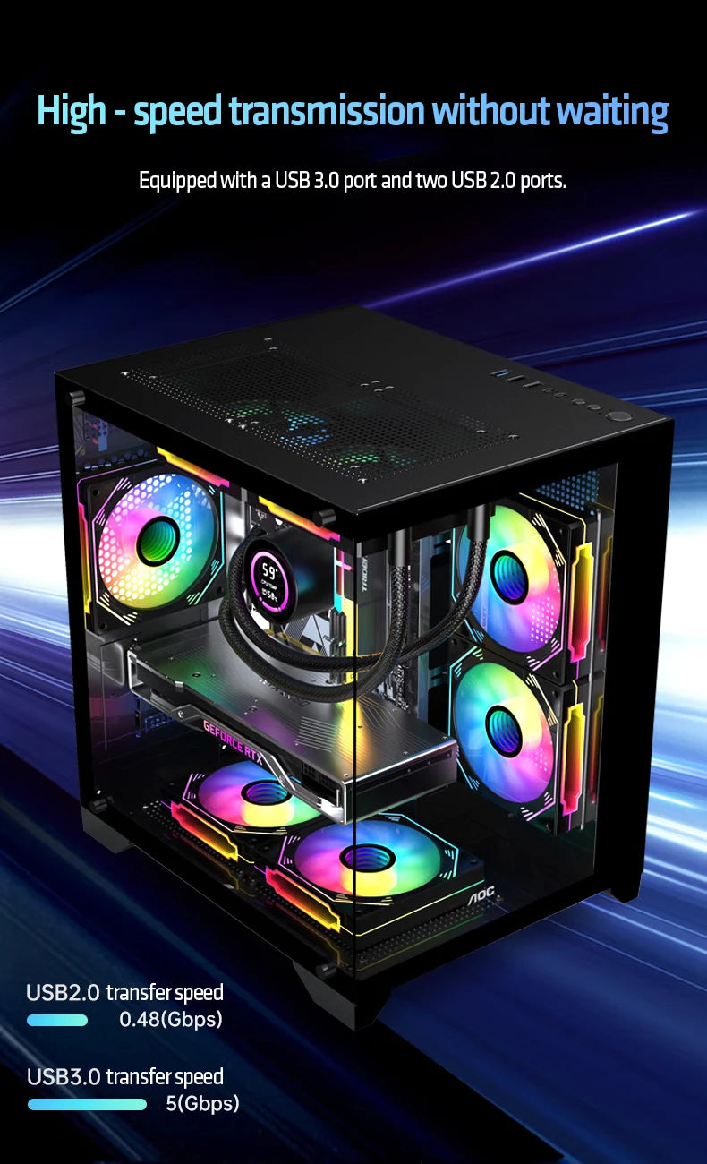 AOC CG391 MATX Gaming PC Case – Panoramic Sea View Tempered Glass Case with 3 RGB Fans & 240mm Liquid Cooling Support