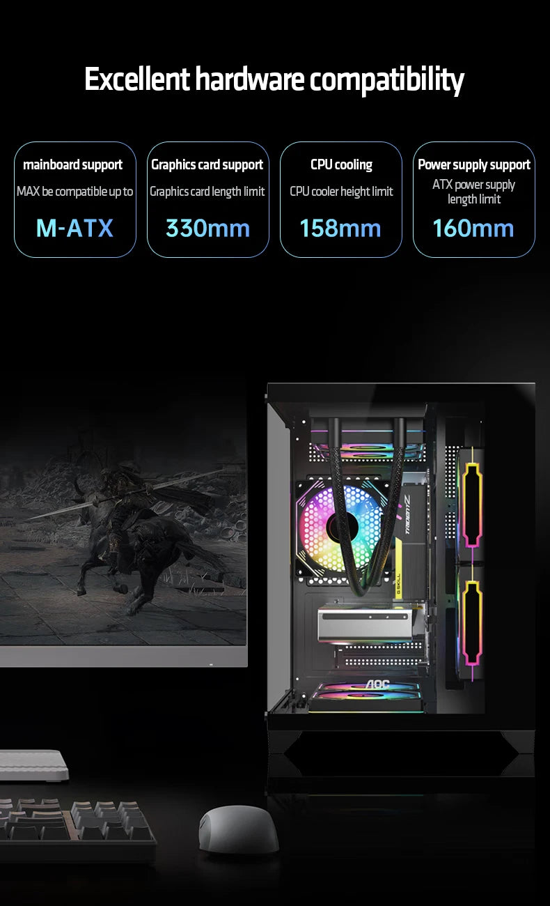 AOC CG391 MATX Gaming PC Case – Panoramic Sea View Tempered Glass Case with 3 RGB Fans & 240mm Liquid Cooling Support