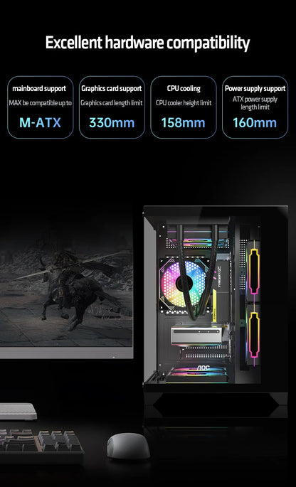 AOC CG391 MATX Gaming PC Case – Panoramic Sea View Tempered Glass Case with 3 RGB Fans & 240mm Liquid Cooling Support