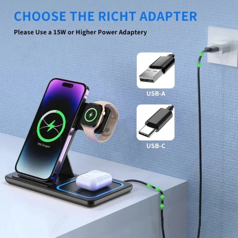 VIKEFON 3-in-1 Foldable Wireless Charging Station – Fast Charger Stand for iPhone, Apple Watch & AirPods
