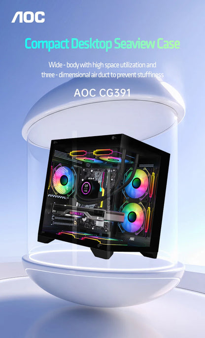 AOC CG391 MATX Gaming PC Case – Panoramic Sea View Tempered Glass Case with 3 RGB Fans & 240mm Liquid Cooling Support