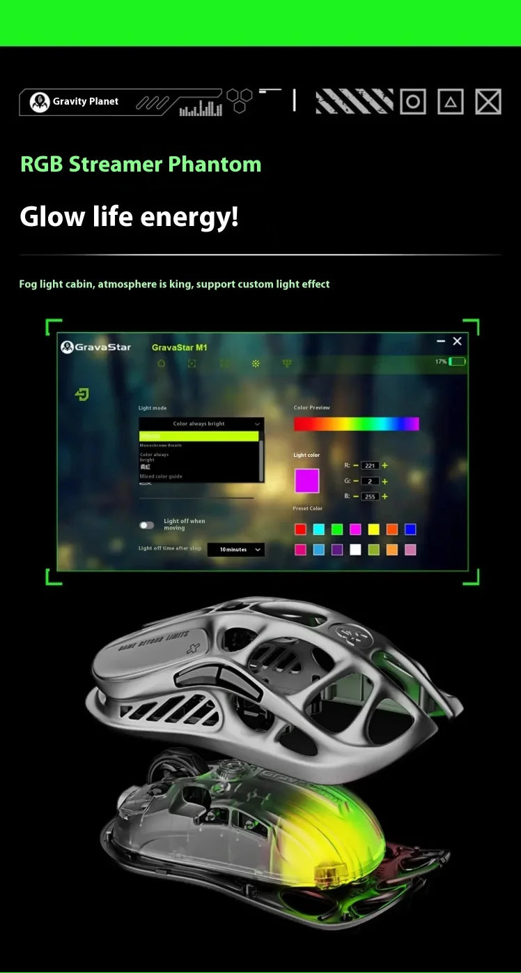 GravaStar M1/M2 Wireless Gaming Mouse – PAW3395 Sensor, 4K Polling, 26000 DPI, Magnesium Alloy Ultra-Light RGB Mouse