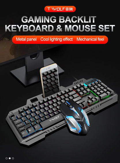 T-WOLF TF600 Backlit Gaming Keyboard and Mouse Combo – Wired 104-Key RGB Gaming Set for PC & Laptop