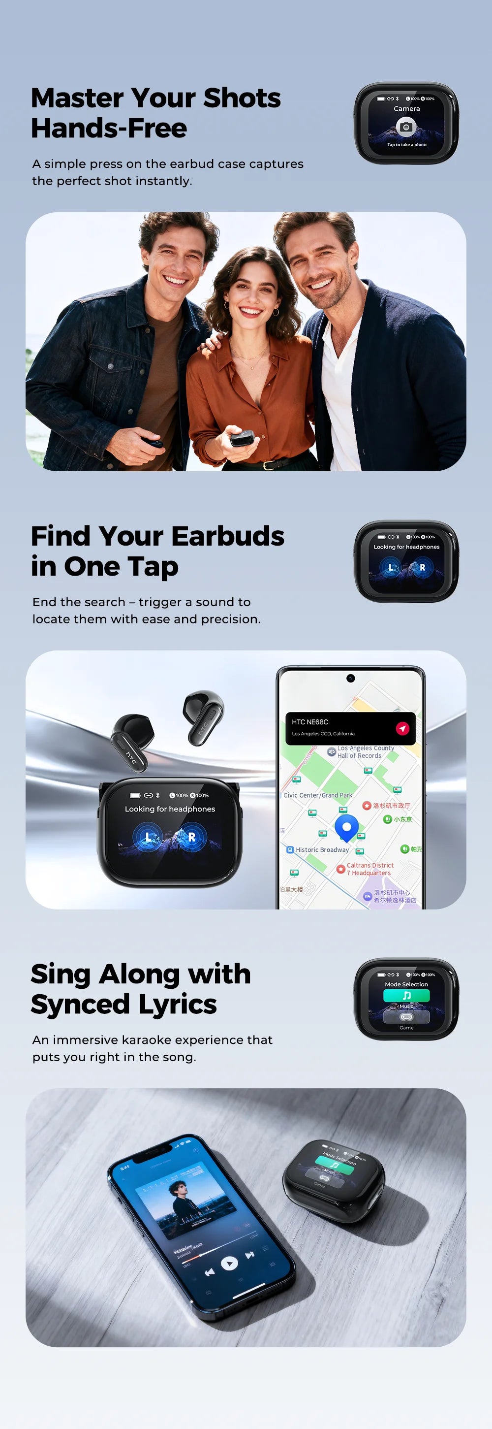 HTC NE68 Wireless Bluetooth Earbuds with HD Audio, 30-Hour Battery & Multi-Language Support