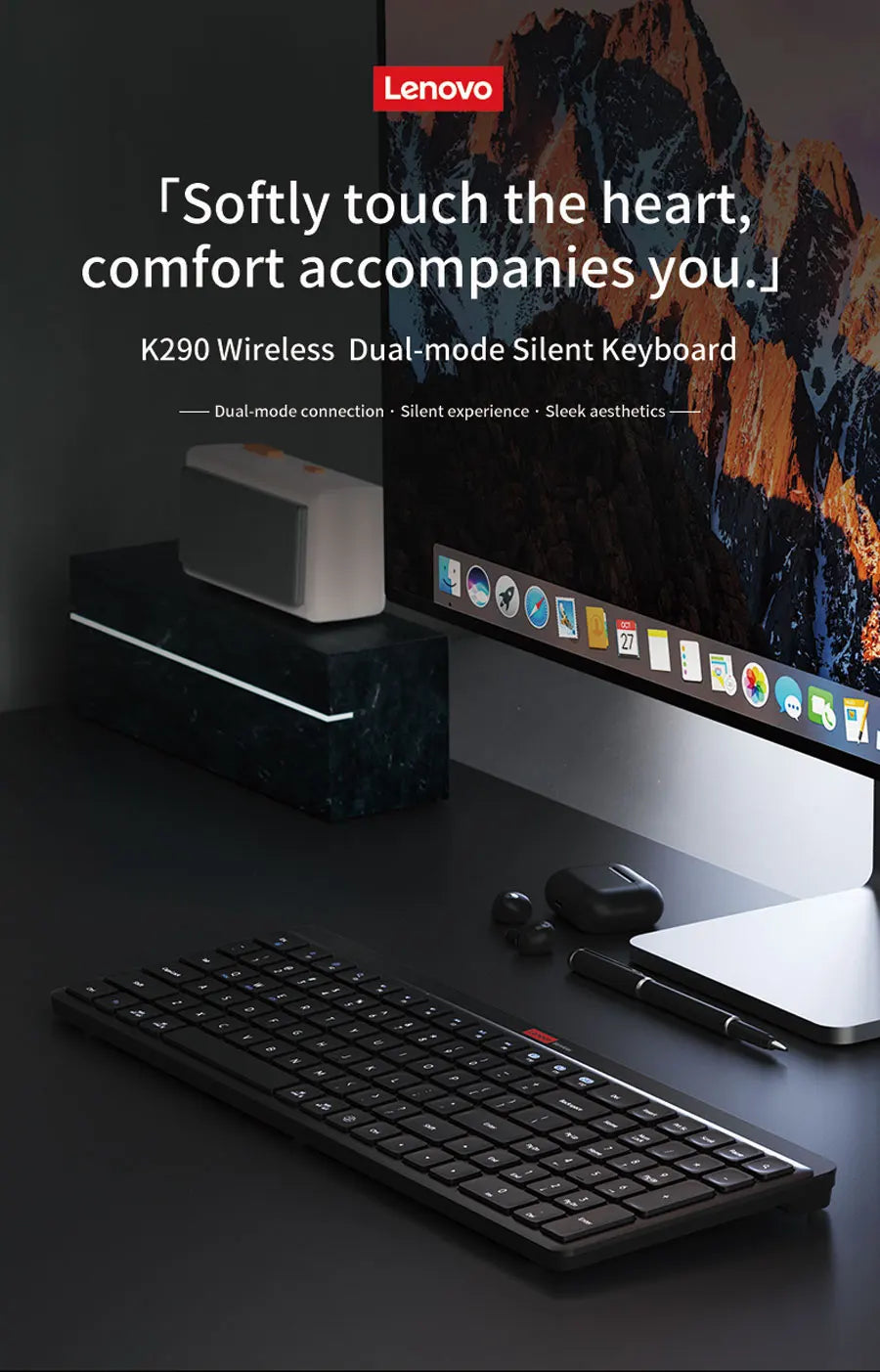 Lenovo Dual-Mode Wireless Rechargeable Keyboard – Bluetooth & 2.4GHz Multi-Device Office Keyboard with Long Battery Life for Business & Home