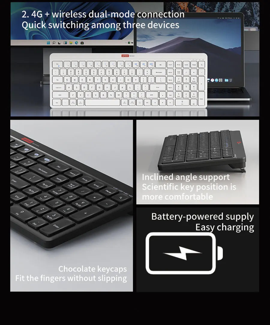 Lenovo Dual-Mode Wireless Rechargeable Keyboard – Bluetooth & 2.4GHz Multi-Device Office Keyboard with Long Battery Life for Business & Home