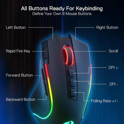 Redragon M612 PRO RGB Gaming Mouse – 8000 DPI, Wired & Wireless (Bluetooth + 2.4GHz), 11 Programmable Buttons, 6 Backlit Modes