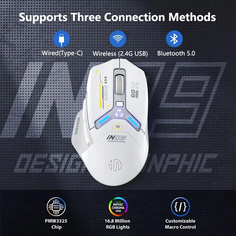 INPHIC IN9 Upgraded Wireless Gaming Mouse – High DPI Tri-Mode (2.4G + Bluetooth + Type-C Wired), RGB Light, Macro Programmable E-Sports Mouse for PC