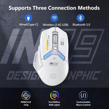 INPHIC IN9 Upgraded Wireless Gaming Mouse – High DPI Tri-Mode (2.4G + Bluetooth + Type-C Wired), RGB Light, Macro Programmable E-Sports Mouse for PC