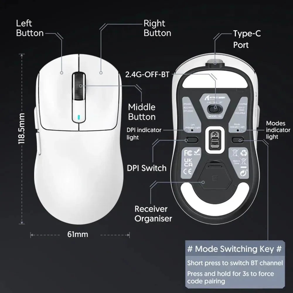 ATTACK SHARK X3 / X3 Pro Wireless Gaming Mouse – PAW3395 26K DPI Tri-Mode Ultra-Light Gaming Mouse
