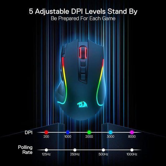 Redragon M612 PRO RGB Gaming Mouse – 8000 DPI, Wired & Wireless (Bluetooth + 2.4GHz), 11 Programmable Buttons, 6 Backlit Modes