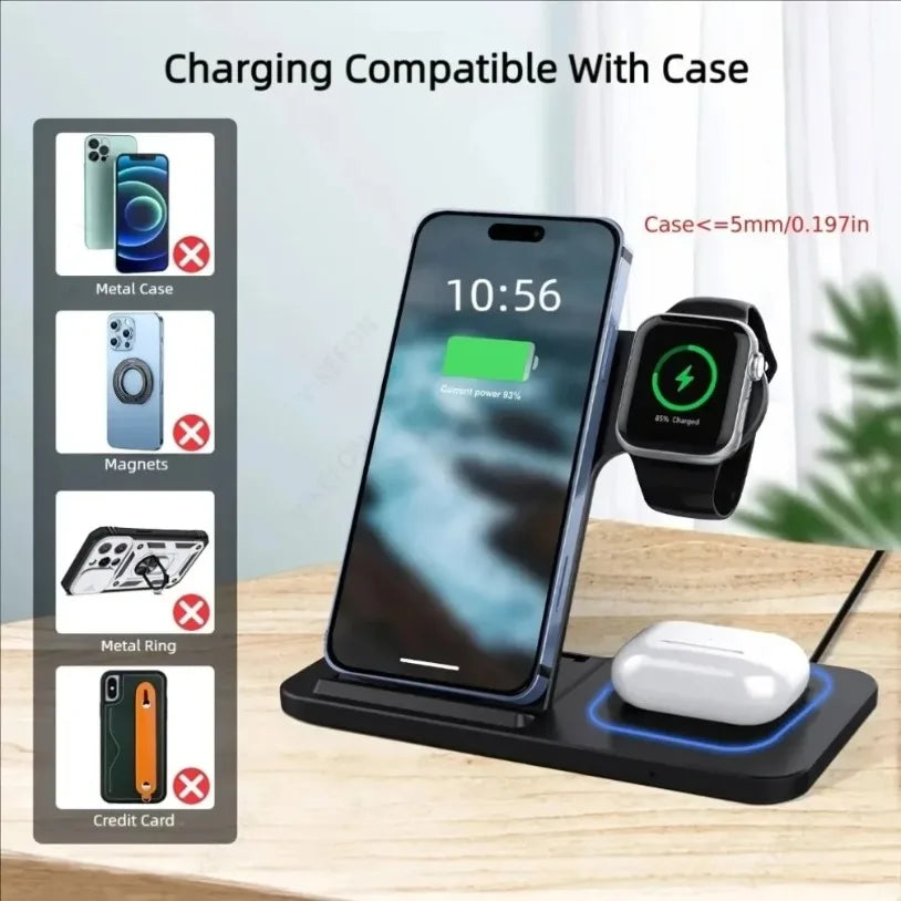 VIKEFON 3-in-1 Foldable Wireless Charging Station – Fast Charger Stand for iPhone, Apple Watch & AirPods