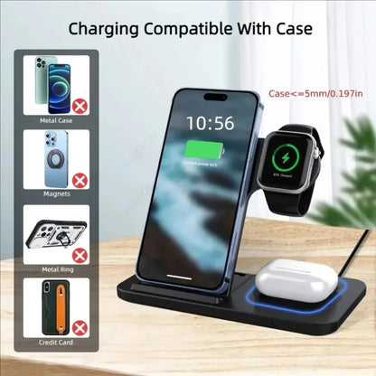 VIKEFON 3-in-1 Foldable Wireless Charging Station – Fast Charger Stand for iPhone, Apple Watch & AirPods