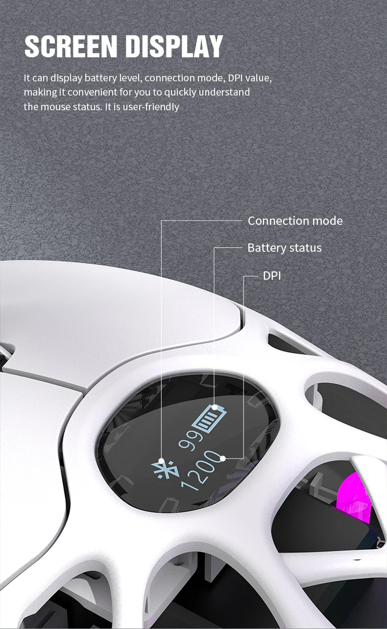 RaXUNFOX H16PRO Tri-Mode Wireless Gaming Mouse – 12000 DPI, Bluetooth, 2.4GHz & Wired RGB Gaming Mouse with 1KHz Polling Ratete, Rechargeable eSports Mouse