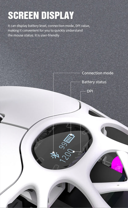 RaXUNFOX H16PRO Tri-Mode Wireless Gaming Mouse – 12000 DPI, Bluetooth, 2.4GHz & Wired RGB Gaming Mouse with 1KHz Polling Ratete, Rechargeable eSports Mouse