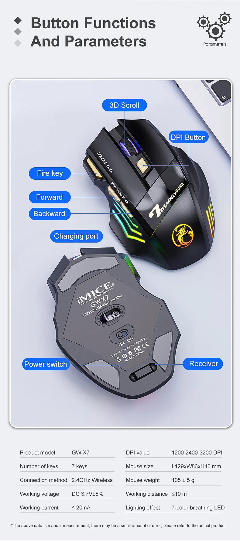 IMICE GW-X7 Wireless Gaming Mouse – Dual Mode 2.4G & Bluetooth, 3200 DPI, Rechargeable, 7-Button Silent Mouse with RGB Breathing LED