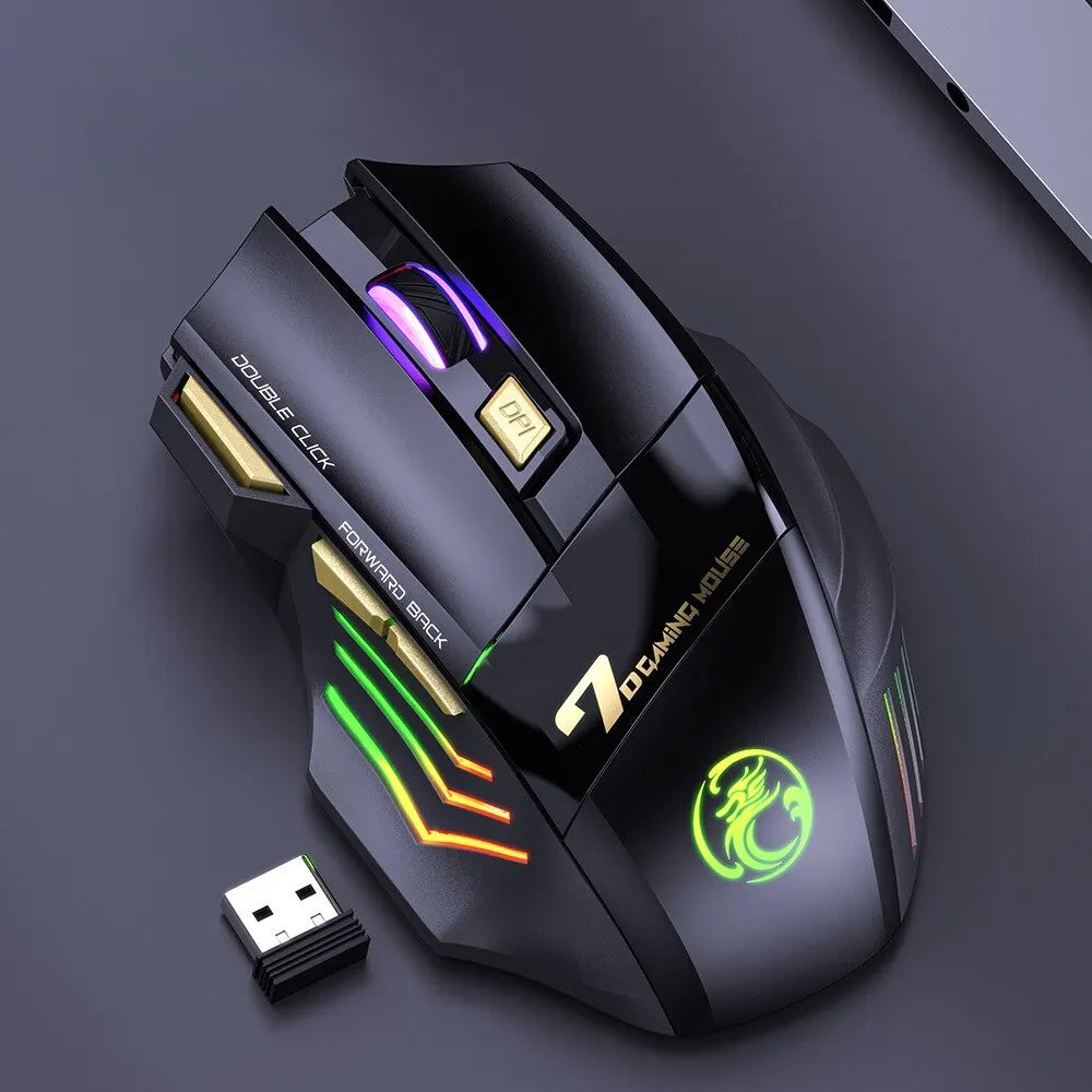 IMICE GW-X7 Wireless Gaming Mouse – Dual Mode 2.4G & Bluetooth, 3200 DPI, Rechargeable, 7-Button Silent Mouse with RGB Breathing LED
