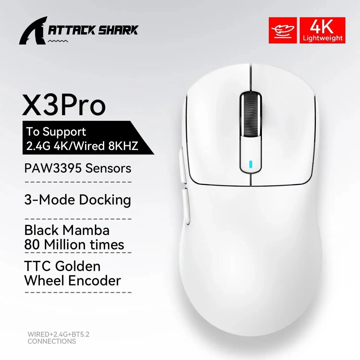 ATTACK SHARK X3 / X3 Pro Wireless Gaming Mouse – PAW3395 26K DPI Tri-Mode Ultra-Light Gaming Mouse