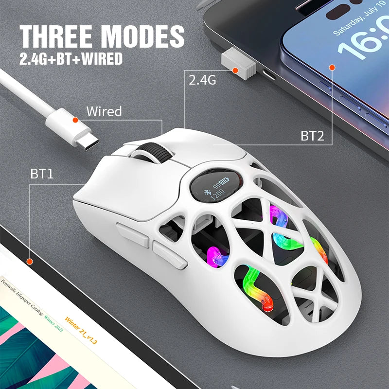 RaXUNFOX H16PRO Tri-Mode Wireless Gaming Mouse – 12000 DPI, Bluetooth, 2.4GHz & Wired RGB Gaming Mouse with 1KHz Polling Ratete, Rechargeable eSports Mouse