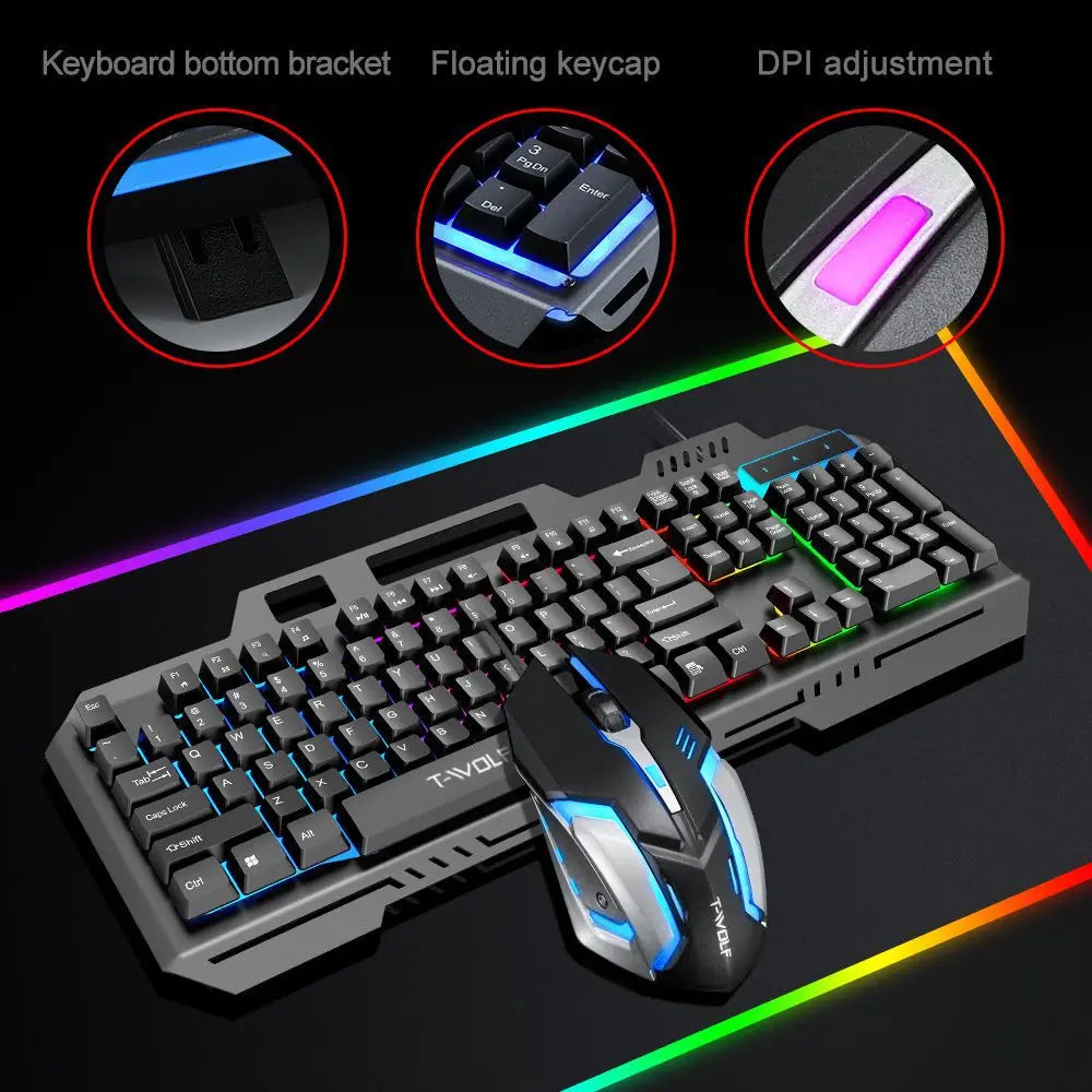 T-WOLF TF600 Backlit Gaming Keyboard and Mouse Combo – Wired 104-Key RGB Gaming Set for PC & Laptop