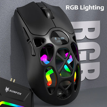 RaXUNFOX H16PRO Tri-Mode Wireless Gaming Mouse – 12000 DPI, Bluetooth, 2.4GHz & Wired RGB Gaming Mouse with 1KHz Polling Ratete, Rechargeable eSports Mouse