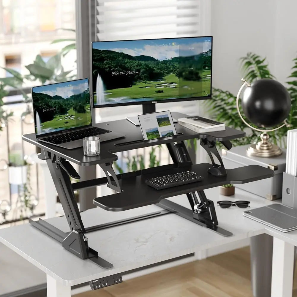 32-Inch Height Adjustable Desk Riser | Sit-Stand Workstation with Dual Monitor Stand & Keyboard Tray