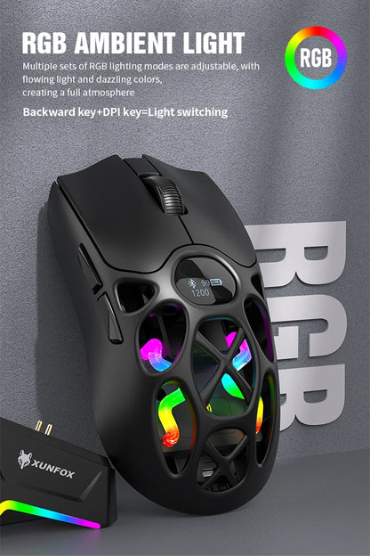 RaXUNFOX H16PRO Tri-Mode Wireless Gaming Mouse – 12000 DPI, Bluetooth, 2.4GHz & Wired RGB Gaming Mouse with 1KHz Polling Ratete, Rechargeable eSports Mouse