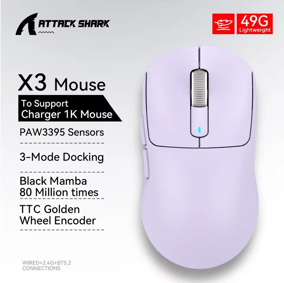 ATTACK SHARK X3 / X3 Pro Wireless Gaming Mouse – PAW3395 26K DPI Tri-Mode Ultra-Light Gaming Mouse