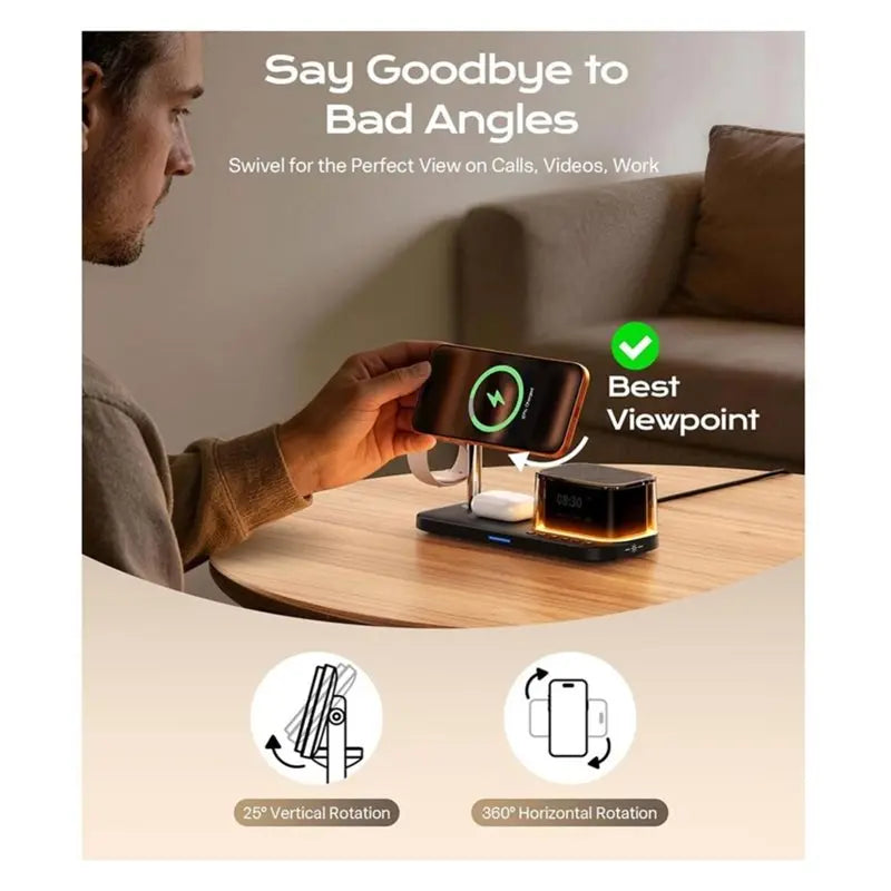 B63B-5 in 1 Wireless Charging Station with Bluetooth Speaker, Alarm Clock & Night Light – Fast Charging Stand for Smartphones