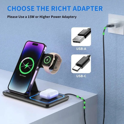 VIKEFON 3-in-1 Foldable Wireless Charging Station – Fast Charger Stand for iPhone, Apple Watch & AirPods