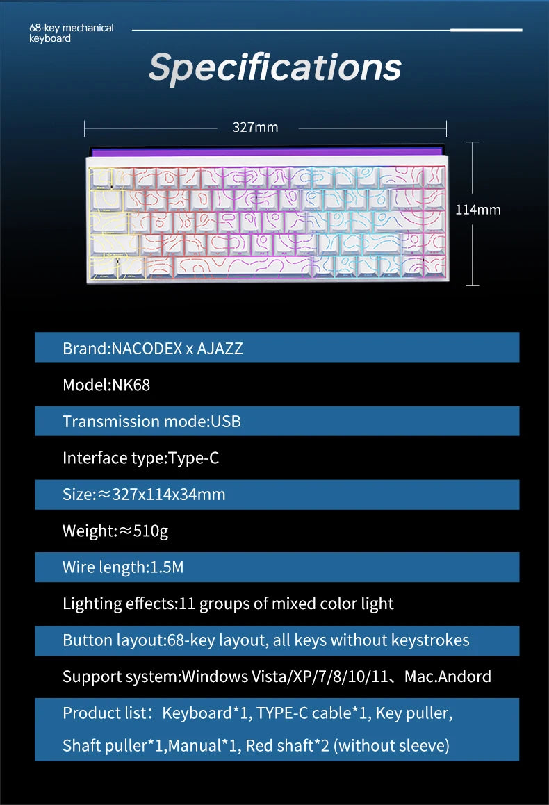 Compact 68-Key Gaming Keyboard | Red Switch | Side-Printed Keycaps | RGB Backlit | Wired