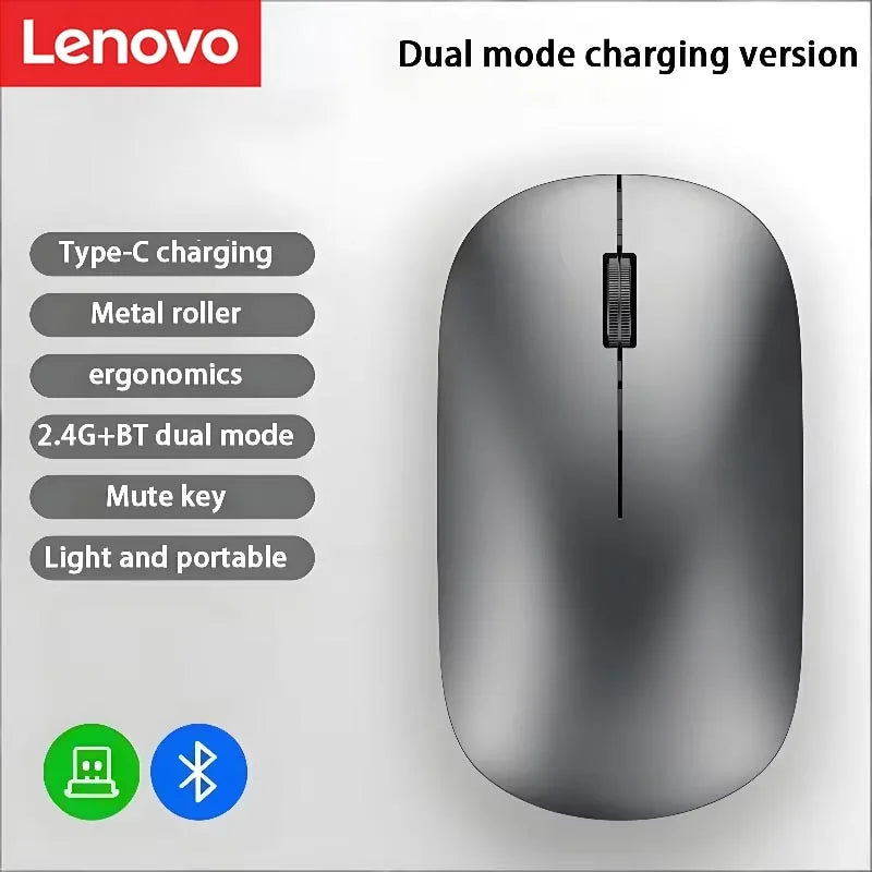 Lenovo Wireless Mouse | Type-C Fast Charging | Silent Click | Dual-Mode 2.4G + Bluetooth | Multi-Device | 4 Adjustable DPI