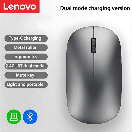 Lenovo Wireless Mouse | Type-C Fast Charging | Silent Click | Dual-Mode 2.4G + Bluetooth | Multi-Device | 4 Adjustable DPI