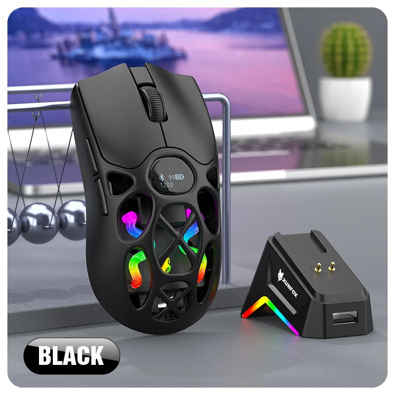 RaXUNFOX H16PRO Tri-Mode Wireless Gaming Mouse – 12000 DPI, Bluetooth, 2.4GHz & Wired RGB Gaming Mouse with 1KHz Polling Ratete, Rechargeable eSports Mouse