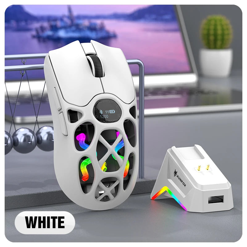 RaXUNFOX H16PRO Tri-Mode Wireless Gaming Mouse – 12000 DPI, Bluetooth, 2.4GHz & Wired RGB Gaming Mouse with 1KHz Polling Ratete, Rechargeable eSports Mouse