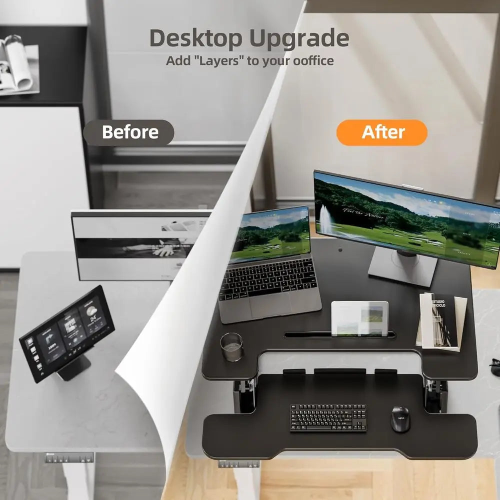32-Inch Height Adjustable Desk Riser | Sit-Stand Workstation with Dual Monitor Stand & Keyboard Tray