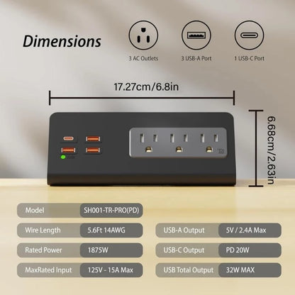 abletop Surge Protector with USB-C & 3 AC Outlets – Desk Edge Mount Power Strip for smart Office